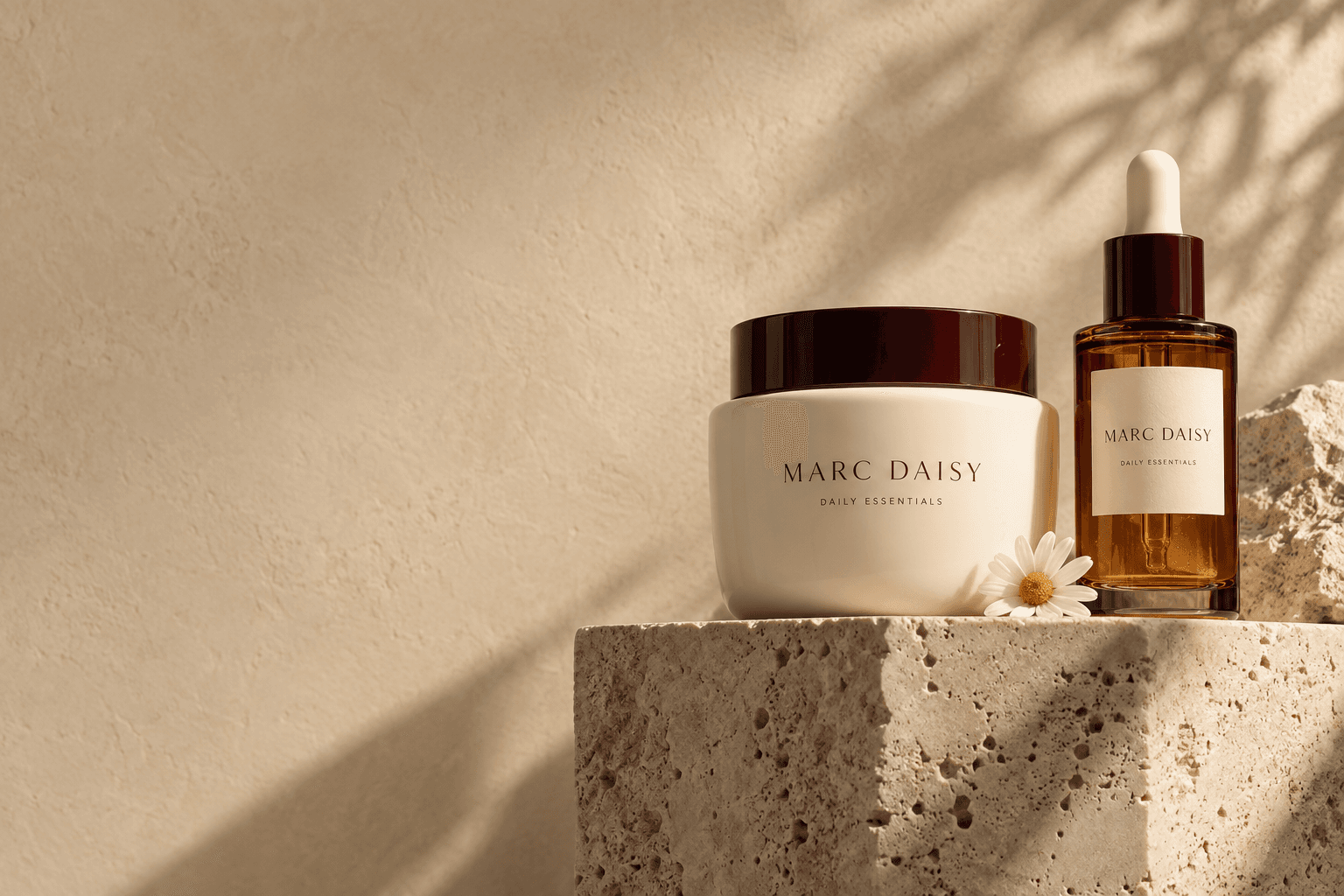 Marc Daisy campaign: amber glass and ivory skincare essentials in warm morning light